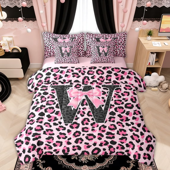 Manfei Pink Leopard Print Bow Letter W Twin Bedding Sets for Girls, Bowknot Initial Bedding Comforter Set, Pink Reversible, 7pcs
