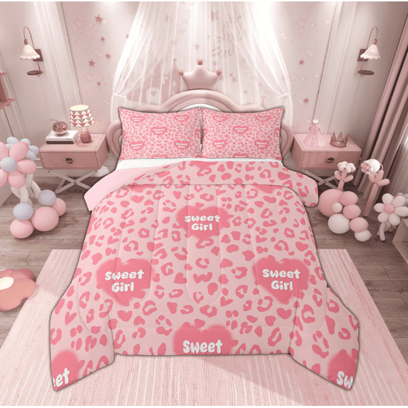 Manfei Pink Leopard Print Full Size Comforter Sets for Kids, Sweet Girl Bedding Comforter Set, Romantic Fashion Reversible Bedding Sets, Lightweight Room Decor, 3-Piece