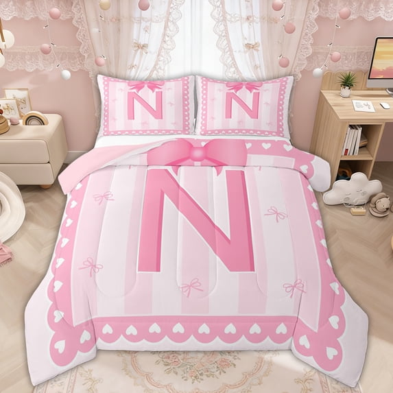 Manfei Pink Letter N Bow Full Size Comforter Sets, Cute Love Heart Bedding Sets for Girls Women, Pink Reversible, 3-Piece