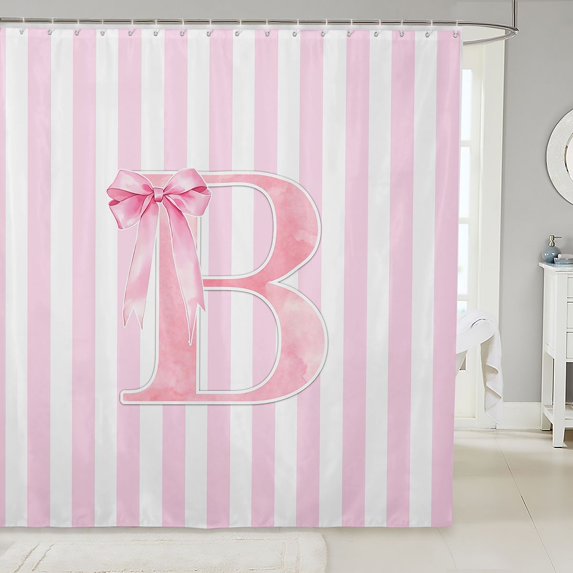 Manfei Pink Letter Print B Shower Curtain 72Wx72L,Pink Cute Bowknot Bathroom Curtain