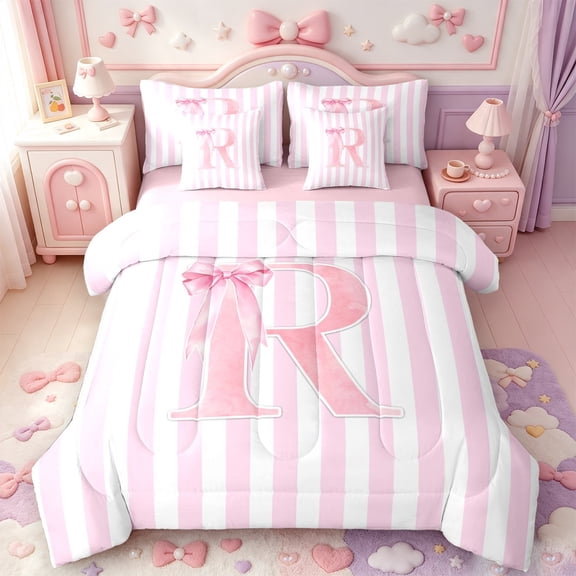Manfei Pink Line Geometric Pattern 7-Piece Twin Bedding,Personalized Monogrammed R Bedding Comforter Set,Pink Reversible