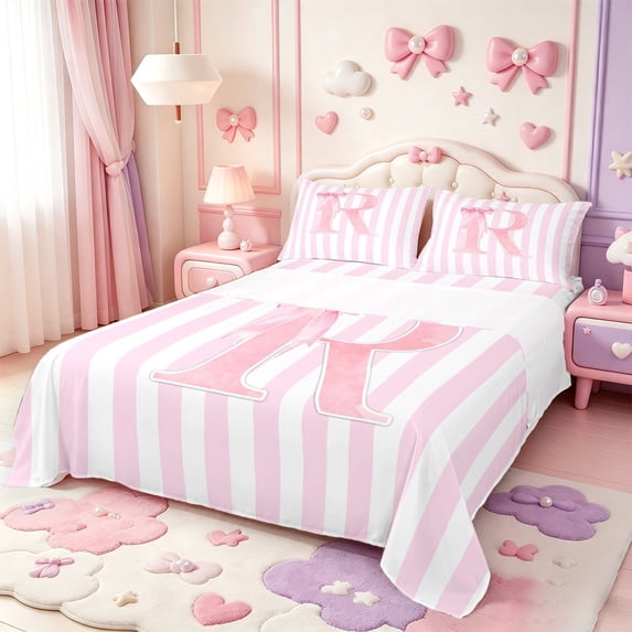 Manfei Pink Line Geometric Pattern Bed Sheets,Personalized Monogrammed R Full Size Sheets,4-Piece,1 Flat Sheet,1 Fitted Sheet and 2 Pillowcases