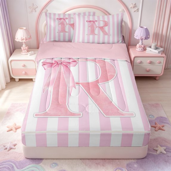 Manfei Pink Line Geometric Pattern Zipper Twin Comforter Sets with Fitted Sheet and 2 Pillowcases,Personalized Monogrammed R Zipper Bedding Set,Pink Reversible,4pcs