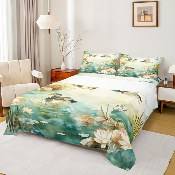 Manfei Pink Lotus Leaf Full Size Sheets,Mallard Duck Bed Sheets,Country Farmhouse Lodge Sheet Sets For Teens,Ultra Soft Home Decor,4-Piece
