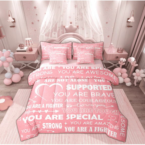Manfei Pink Love Heart Bedding Comforter Set 7-Piece for Teen, Positive Word King Bedding Sets, Romantic Valentines Day Reversible Bed Sheets, Lightweight Room Decor