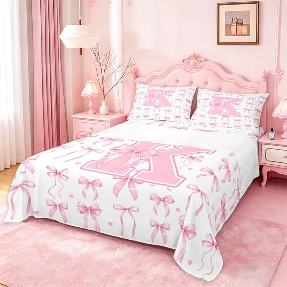 Manfei Pink Loves Pattern Queen Sheet Sets For Girls,Cartoon Letter K Initial Print Bed Set For Kids,4 Pieces