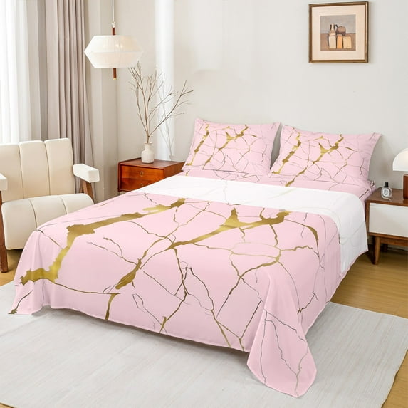 Manfei Pink Marble 3pcs Twin Sheet Sets,Watercolor Art Twin Fitted Sheet,Stone Patter Breathable Flat Sheet,Ultra Soft Teenager Bedroom Decor
