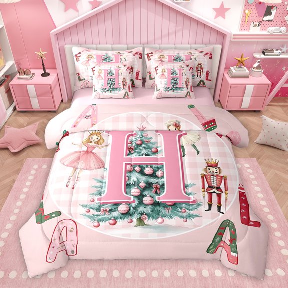 Homewish Pink Monogrammed H Bedding Comforter Set 7pcs for Teens, Merry Christmas King Bedding Sets, Kawaii Xmas Tree Nutcracker Reversible Bed Sheets, Luxury Bedroom Decor