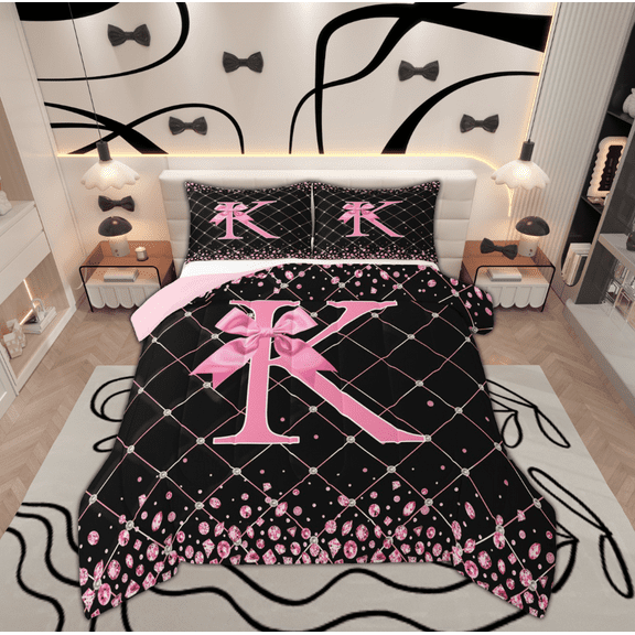 Manfei Pink Monogrammed K Bedding Comforter Set, Kawaii Princess Ribbon Bow Twin Comforter Sets, Teens Girls Kids Reversible Bedding Set, Ultra Soft Home Decor, 2 Pieces