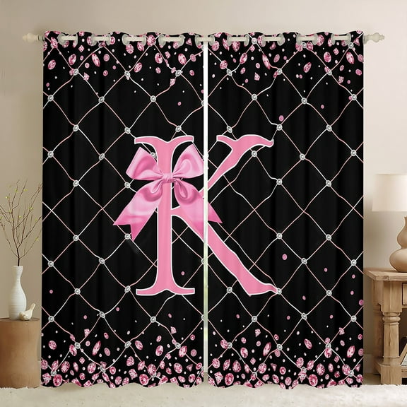 Manfei Pink Monogrammed K Black Out Curtains, Kawaii Princess Ribbon Bow Curtains Pack of 2 (42x63 Each), Teens Girls Kids Bedroom Curtains, Black Out Curtains Home Decor