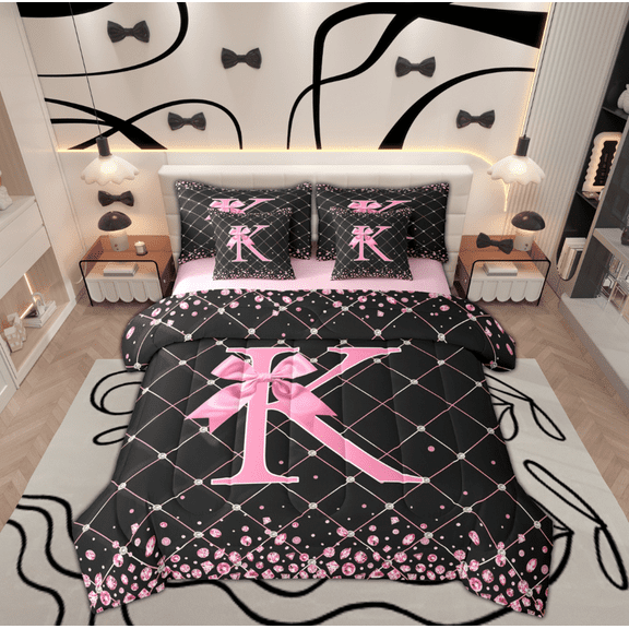 Manfei Pink Monogrammed K Twin Bedding Sets 7-Piece, Kawaii Princess Ribbon Bow Bedding Comforter Set, Teens Girls Kids Reversible Sheet Sets, Ultra Soft Home Decor