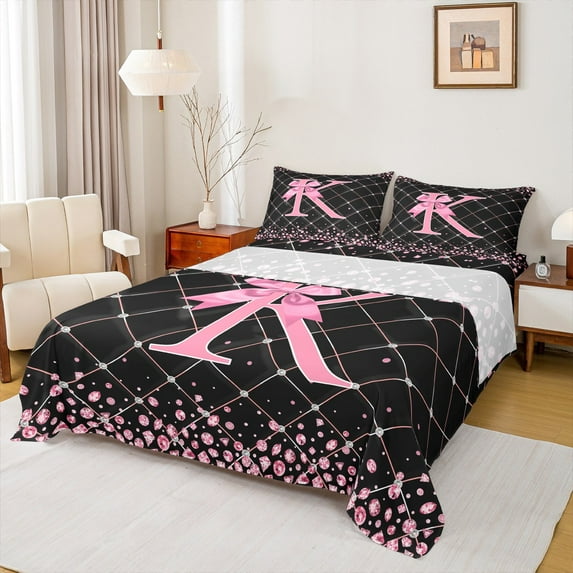 Manfei Pink Monogrammed K Twin Sheet Sets, Kawaii Princess Ribbon Bow Twin Fitted Sheet, Teens Girls Kids Flat Sheet, Ultra Soft Home Decor, 3 Pieces