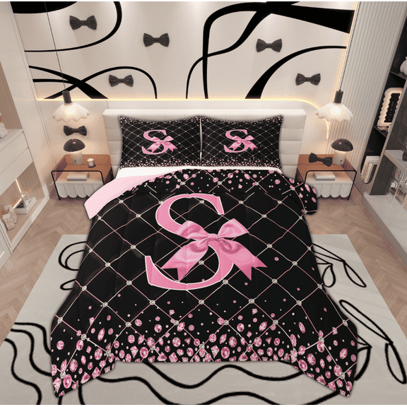 Manfei Pink Monogrammed S Bedding Comforter Set, Kawaii Princess Ribbon Bow Twin Comforter Sets, Teens Girls Kids Reversible Bedding Set, Breathable Home Decor, 2-Piece