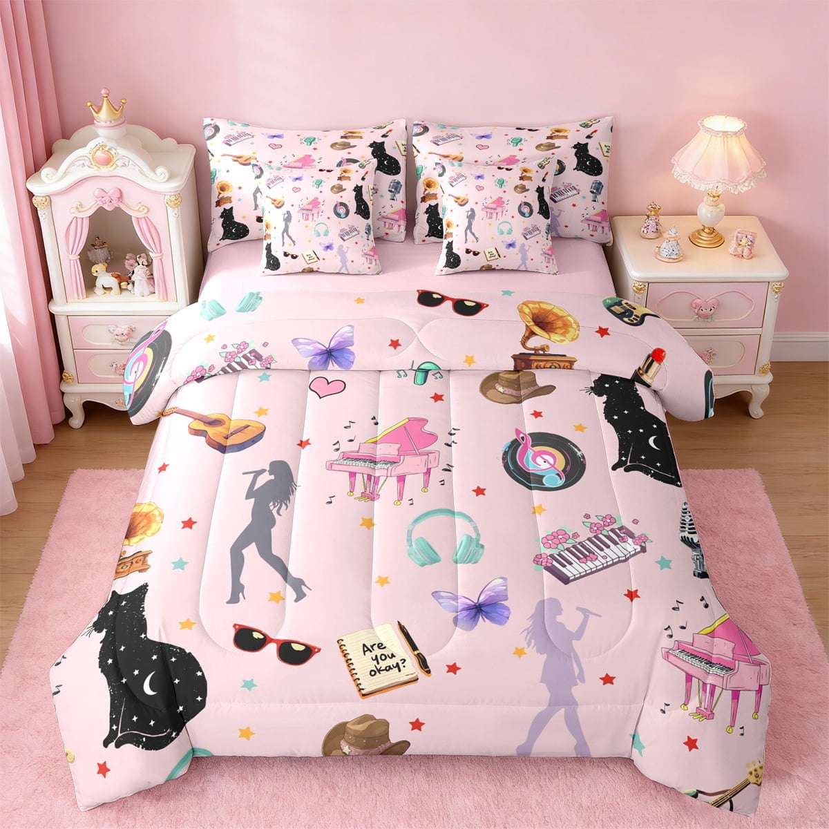 Manfei Pink Music Girl Twin Bedding Sets 7-Piece,Musical Instruments ...