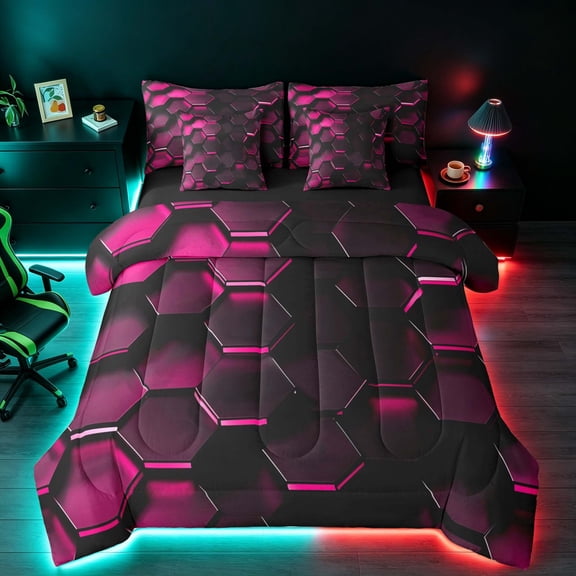 Manfei Pink Neon Honeycomb Full Size Bedding Sets, Glowing 3D Hexagon Full Size Bed in a Bag, Black Reversible 7-Piece
