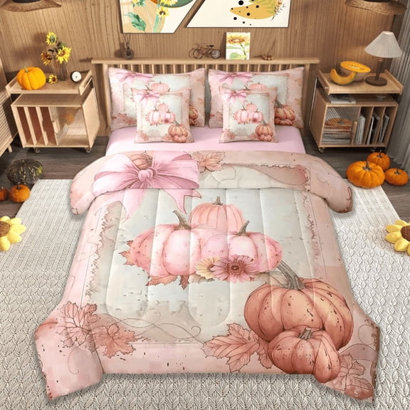Manfei Pink Orange Pumpkin Bed in a Bag Queen Size,Autumn Harvest Bed Set,Rustic Farmhouse Leaves Bedding Queen Size,Breathable Room Decor Reversible,7 Pieces