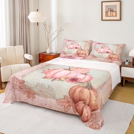 Manfei Pink Orange Pumpkin Bed Sheets Full,Autumn Harvest Bedding Full Size,Rustic Farmhouse Leaves Sheet Set Full,Breathable Room Decor,4pcs