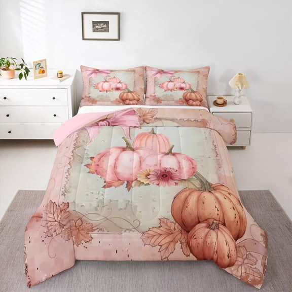Manfei Pink Orange Pumpkin Bedding Queen Comforter Set,Autumn Harvest Down Comforter,Rustic Farmhouse Leaves Bedding Sets Queen with Comforter,Breathable Room Decor Reversible,3 Pieces