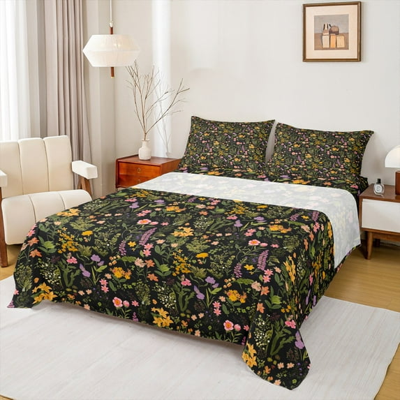 Manfei Pink Orange Purple Flower Bed Sheets for Girls, Green Leaves King Sheets, Botanical Plant Theme Sheet Set, Ultra Soft Black Home Decor 4-Piece