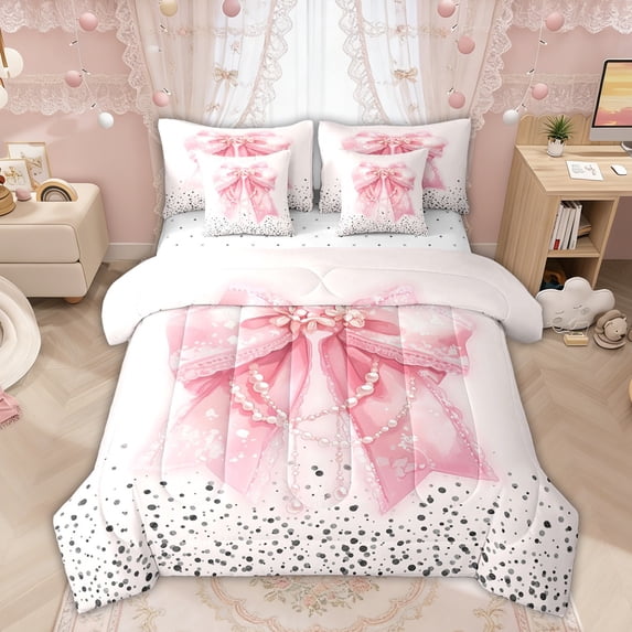 Manfei Pink Pearl Bow Bedding Comforter Set, Fashion Sparkle Print King Bedding Sets for Girls Women, Reversible, 7-Piece