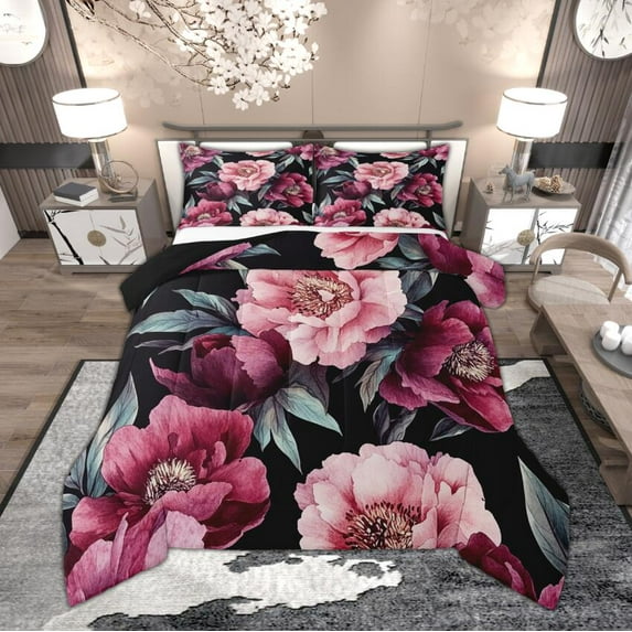 Manfei Pink Peony Queen Comforter Set, Vintage Flower Bedding Sets, Retro Blossoms Leaves Bedding Comforter Set, Ultra Soft Room Decor, Reversible 3pcs