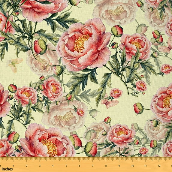 Manfei Pink Peony Sewing & Crafting Fabric (3 Yards) for Girls Women, Vintage Floral Flower Home Decor Fabric by the Yard, Green Leaves DIY Fabric