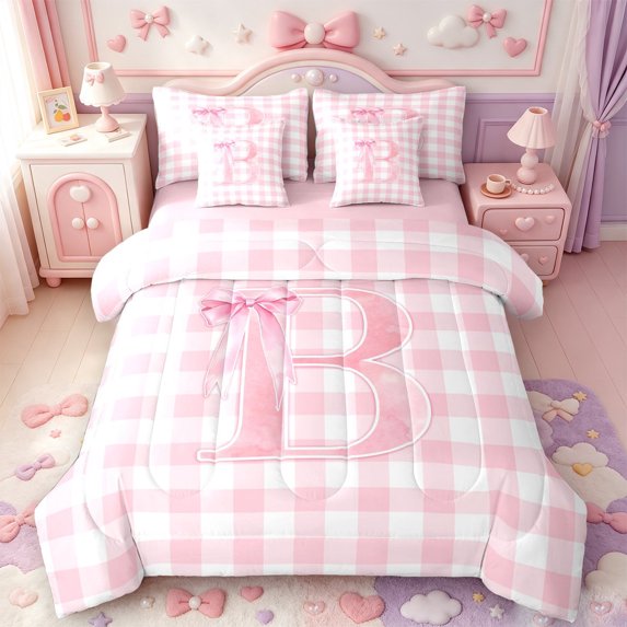 Manfei Pink Personalized Initial B 7-Piece Twin Bedding,Cute Geometric Grid Bedding Comforter Set,Pink Reversible