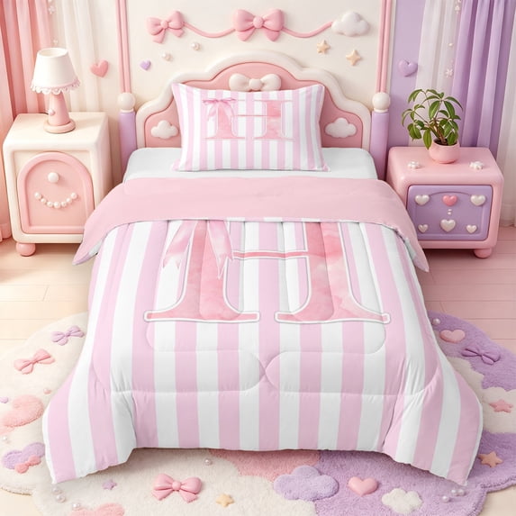 Manfei Pink Personalized Initial H Twin Comforter Sets,Abstract Geometric Stripes Bedding Set,Pink Reversible,2pcs,1 Comforter and 1 Pillowcase