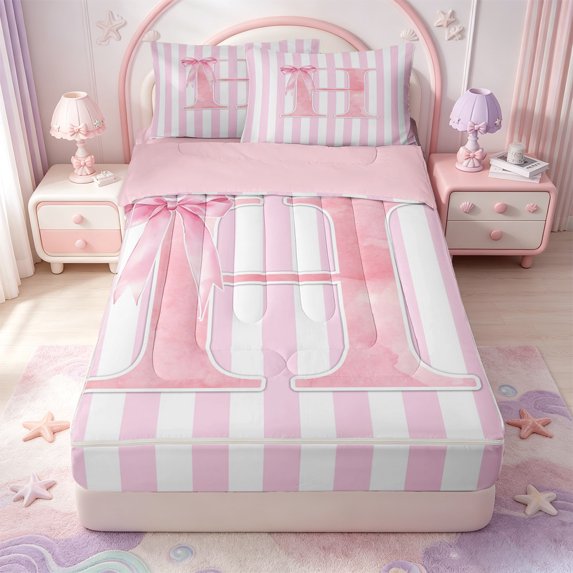 Manfei Pink Personalized Initial H Zipper Full Size Comforter Sets with Fitted Sheet and 2 Pillowcases,Abstract Geometric Stripes Zipper Bedding Set,Pink Reversible,4-Piece