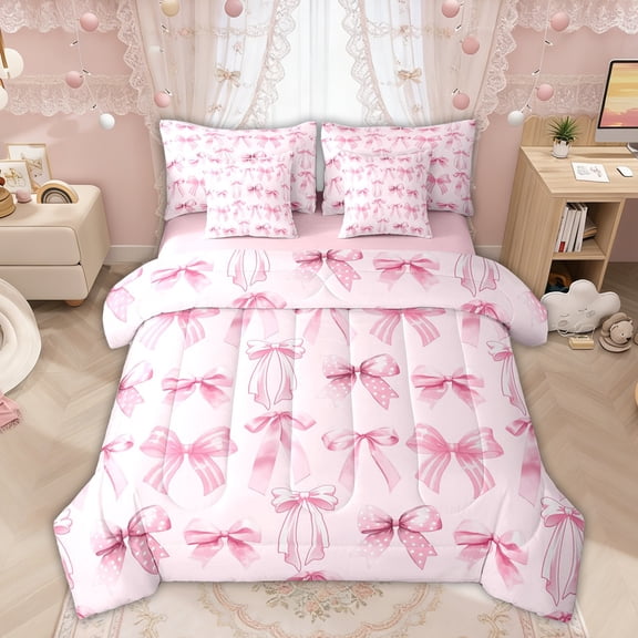 Manfei Pink Polka Dot Bow Bedding Comforter Set for Girls, Watercolor Ribbon King Bedding Sets, Pink Reversible, 7 Pieces