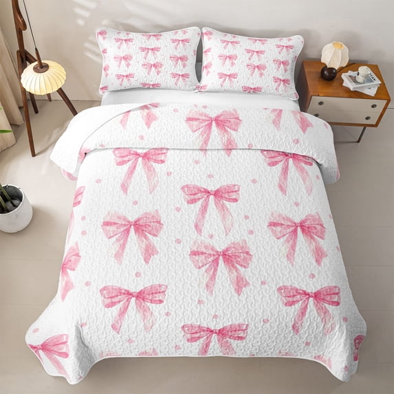Manfei Pink Polka Dots Quilt Full For Girls,Watercolor Coquette Bow Print Full Bedspread Sets For Kids,3 Pieces