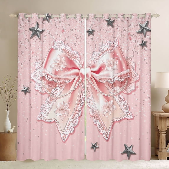 Manfei Pink Princess Bow Black Out Curtains, Cute Glitter Print Curtains Pack of 2 (42x63 Each) for Girls Women