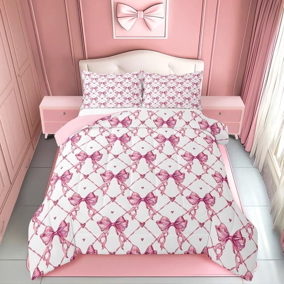 Manfei Pink Princess Bow Full Size Comforter Sets, Cartoon Theme Bedding Sets