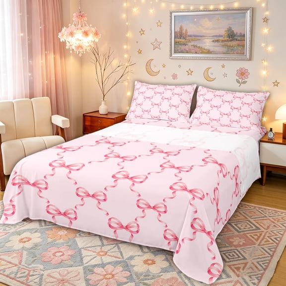 Manfei Pink Princess Bow Full Size Sheets for Girls, Cartoon Bowknot Style Bed Sheets, 4pcs