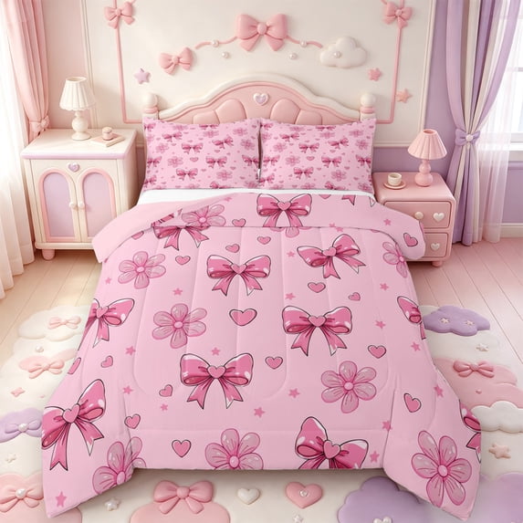Manfei Pink Princess Bow Knot Queen Comforter Set,3D Cartoon Heart Print Comforter Sets Queen,Pink Reversible,3pcs,1 Comforter and 2 Pillowcases