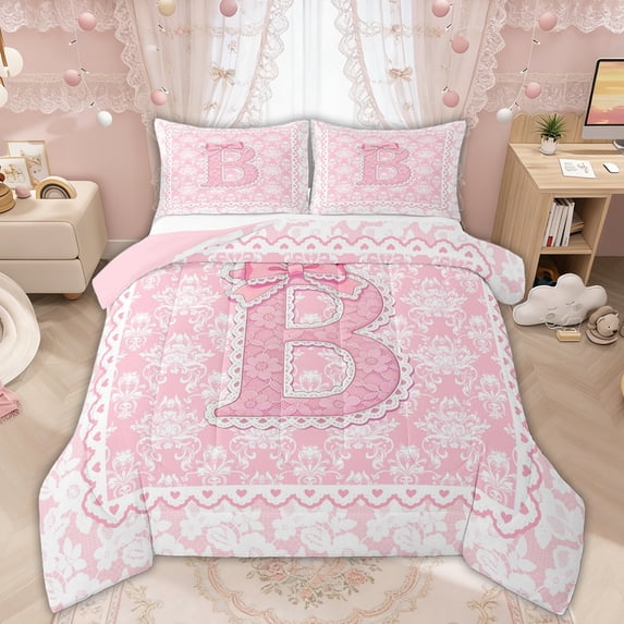 Manfei Pink Princess Bow Letter B Queen Comforter Set for Girls, Boho Damask Flower Bedding Comforter Set, Pink Reversible, 3-Piece