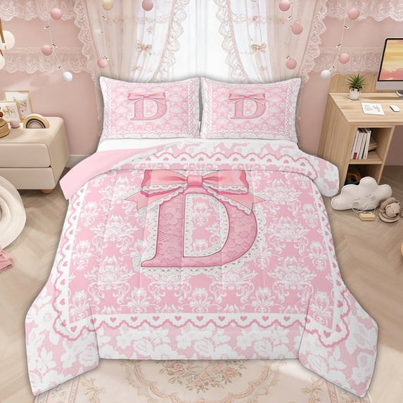 Manfei Pink Princess Bow Letter D Full Size Comforter Sets for Girls, Boho Damask Flower Bedding Sets, Pink Reversible, 3pcs