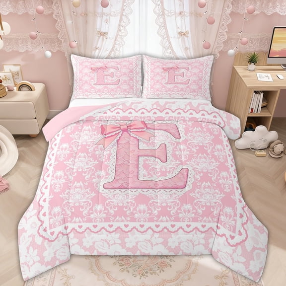 Manfei Pink Princess Bow Letter E Queen Comforter Set for Girls, Boho Damask Flower Bedding Comforter Set, Pink Reversible, 3-Piece