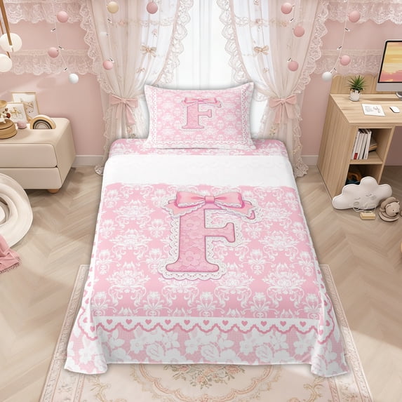 Manfei Pink Princess Bow Letter F Twin Sheet Sets for Girls, Boho Damask Flower Bedding, 3 Pieces
