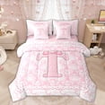 thumbnail image 1 of Manfei Pink Princess Bow Letter T Print Bedding Comforter Set for Girls, Boho Damask Flower Full Bedding Set, Pink Reversible, 7-Piece, 1 of 7