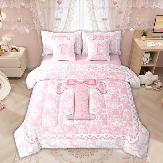 Manfei Pink Princess Bow Letter T Print Bedding Comforter Set for Girls, Boho Damask Flower Full Bedding Set, Pink Reversible, 7-Piece