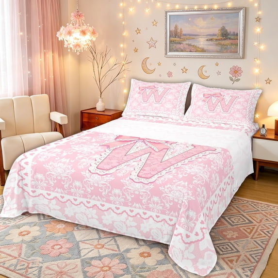 Manfei Pink Princess Bow Letter W Print Queen Sheet Sets for Girls, Boho Damask Flower Bed Set, 4-Piece