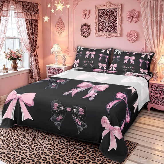 Manfei Pink Princess Bow Set Queen Sheet Sets for Girls, Cute Ribbon Bed Set, 4 Pieces