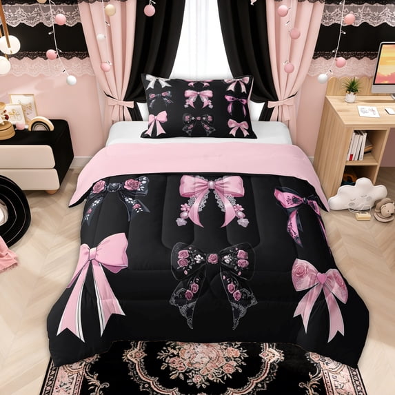Manfei Pink Princess Bow Set Twin Comforter Sets for Girls, Cute Ribbon Bedding Set, Pink Reversible, 2 Pieces