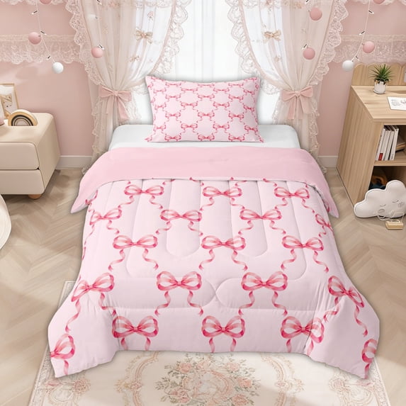 Manfei Pink Princess Bow Twin Comforter Sets for Girls, Cartoon Bowknot Style Bedding Set, Pink Reversible, 2pcs