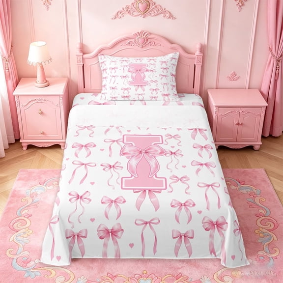 Manfei Pink Princess Bow Twin Sheet Sets For Girl,Letter I Initial Lettering Bedding For Kids,3-Piece