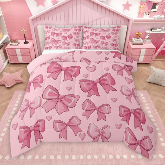 Manfei Pink Princess Bow-tie Queen Comforter Set for Kids, Kawaii Love Heart Bedding Sets, cartoon Bow Theme Reversible Bedding Comforter Set, Luxury Bedroom Decor, 3 Pieces