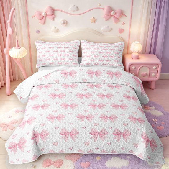 Manfei Pink Princess Bowknot Twin Quilt Set,Pink Cute Loves Pattern Twin Coverlet Set,3pcs,1 Bedspread and 1 Pillowcase