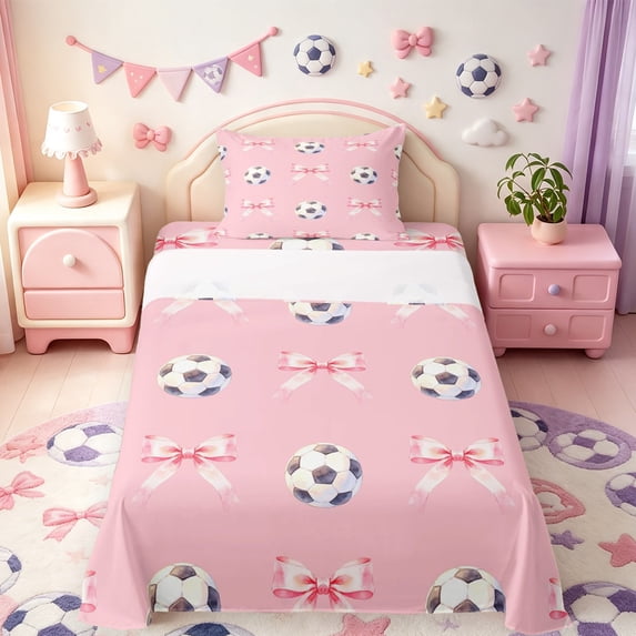 Manfei Pink Princess Bowknot Twin Sheets,3D Cartoon Soccer Print Bedding,3 Pieces,1 Flat Sheet,1 Fitted Sheet and 1 Pillowcase