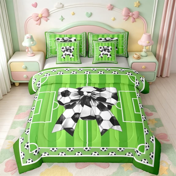 Manfei Pink Princess Bows 7-Piece Twin Bedding,Cartoon Soccer Print Bowtie Bedding Comforter Set,Light Gray Reversible